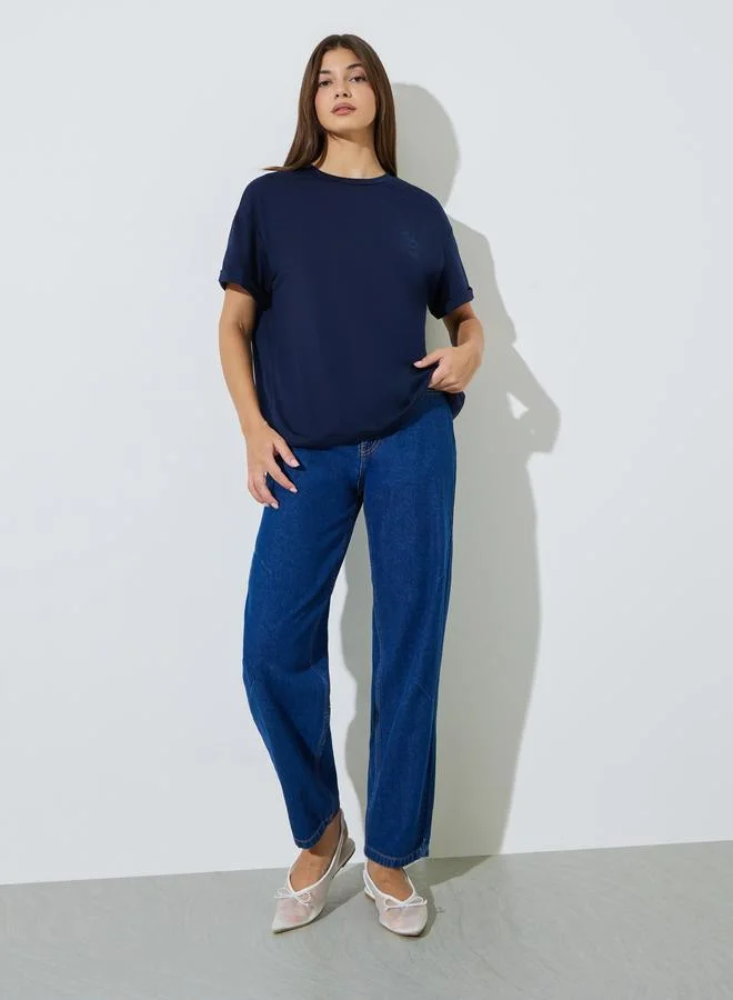 ستايلي Dark Blue Round Neck Embroidered Regular T-Shirt
