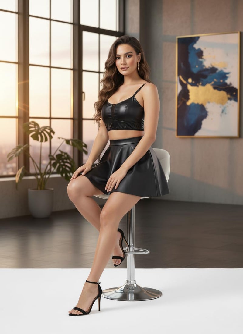 GirlFriend Women Leather Lingerie Black Babydoll Round Neck Nightwear Chemise Nightie Bodysuit Lingerie Bra Skirt Panty Honeymoon Mini Nightdress Sheer mesh with Panty - Image 2