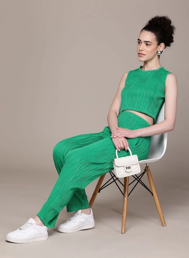 Freehand  Women Straight Fit Textured Sleeveless Mid Rise Top and Pant Co-Ord Set  | Best Price UAE