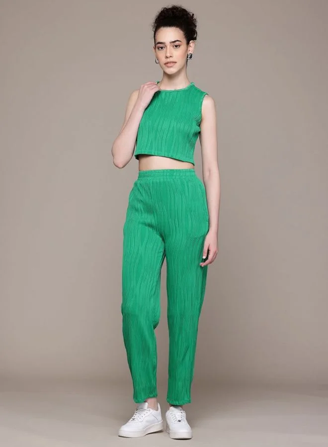 Women Straight Fit Textured Sleeveless Mid Rise Top and Pant Co-Ord Set
