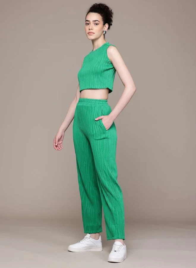 Freehand  Women Straight Fit Textured Sleeveless Mid Rise Top and Pant Co-Ord Set  | Best Price UAE