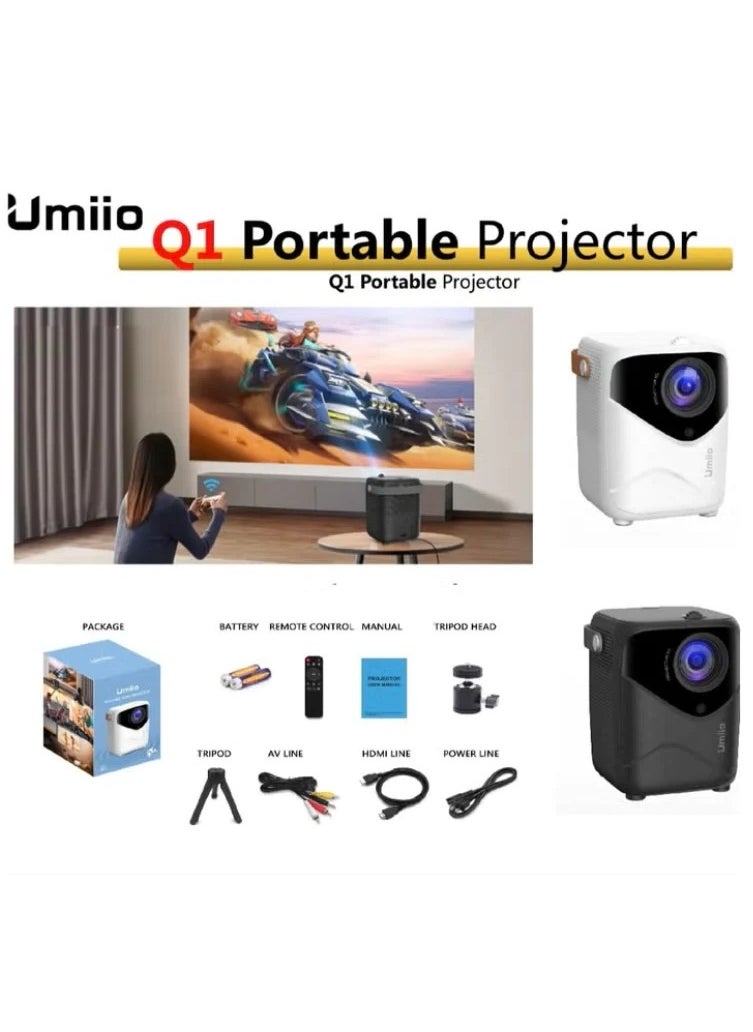 Umiio - Umiio Q2 Projector Bluetooth Quadrangle Trapezoid 5M Projection Distance 1080P Resolution Portable Outdoor Movie Projector Compatible with Smartphone HDMI USB AV Fire Stick - Image 1