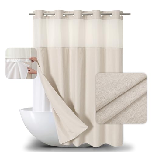 eachope No Hooks Needed Linen Textured Shower Curtain with Snap-in Fabric Liner Set,Cream Hotel Luxury Decor Shower Curtains for Bathroom,Waterproof & Washable,71Wx77H - Image 1