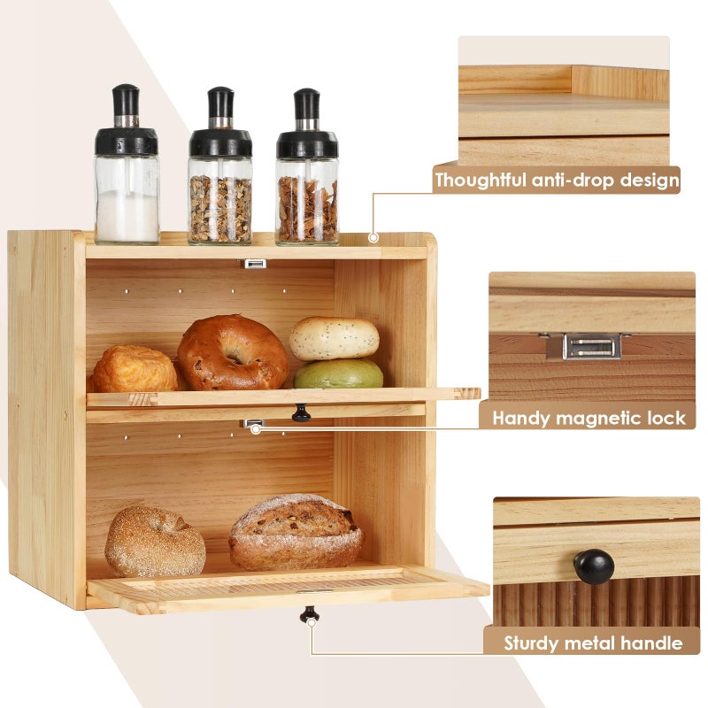 Sunhoo Bread Box for Kitchen Countertop Wooden Bread Storage Container Bin 2 Layer Breadbox Holder Large Capacity Keeper Vintage Farmhouse Food Organizer Pantry Shelf Acrylic Windowï¼ˆWood colorï¼‰ - Image 3