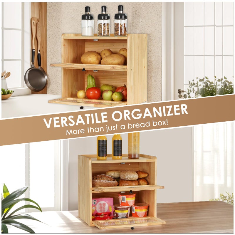 Sunhoo Bread Box for Kitchen Countertop Wooden Bread Storage Container Bin 2 Layer Breadbox Holder Large Capacity Keeper Vintage Farmhouse Food Organizer Pantry Shelf Acrylic Windowï¼ˆWood colorï¼‰ - Image 5