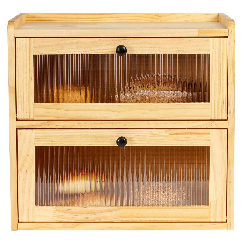Sunhoo Bread Box for Kitchen Countertop Wooden Bread Storage Container Bin 2 Layer Breadbox Holder Large Capacity Keeper Vintage Farmhouse Food Organizer Pantry Shelf Acrylic Windowï¼ˆWood colorï¼‰ - Image 1