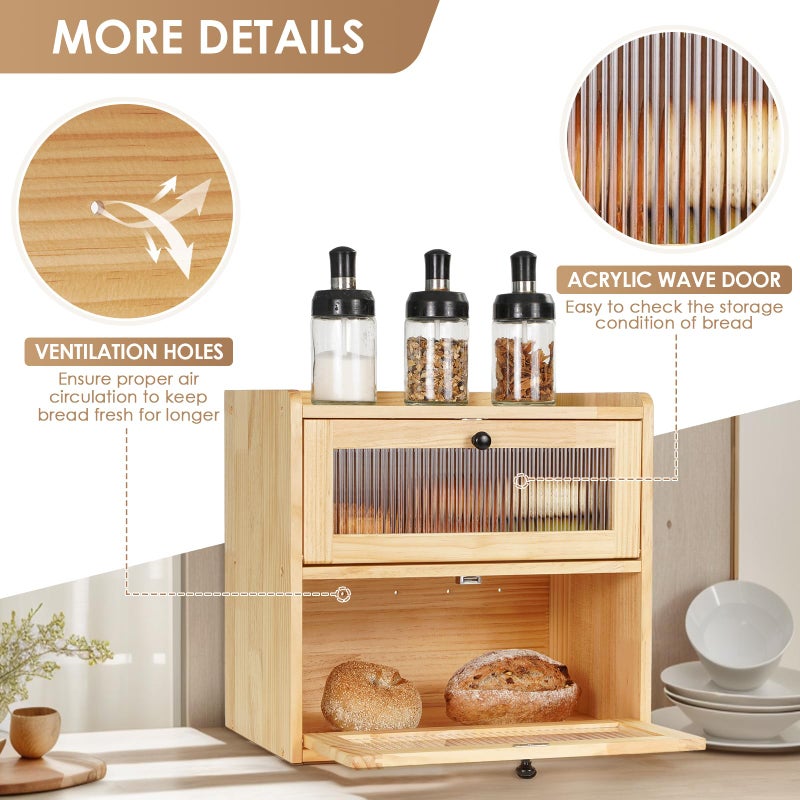 Sunhoo Bread Box for Kitchen Countertop Wooden Bread Storage Container Bin 2 Layer Breadbox Holder Large Capacity Keeper Vintage Farmhouse Food Organizer Pantry Shelf Acrylic Windowï¼ˆWood colorï¼‰ - Image 2