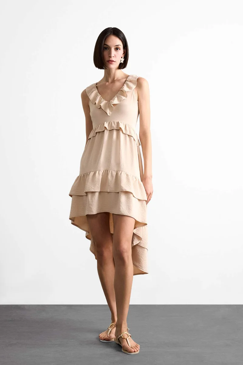 DeFacto V Neck Flounce Asymmetric Sleeveless Midi Dress