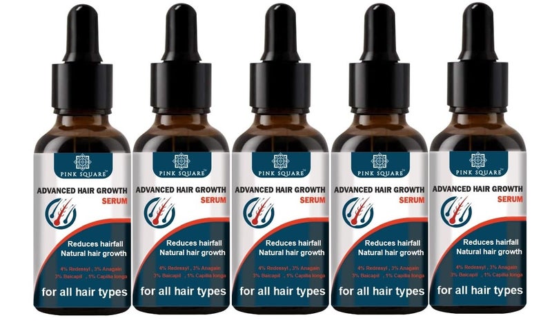 Pink Square Hair Growth Serum 3 Redensyl 4 Capixyl 3 Procapil 3 Anagain Boosts Hair Growth Thicker Stronger Hair NonSticky Paraben SulphateFree 30 ml Pack of 5 - Image 1