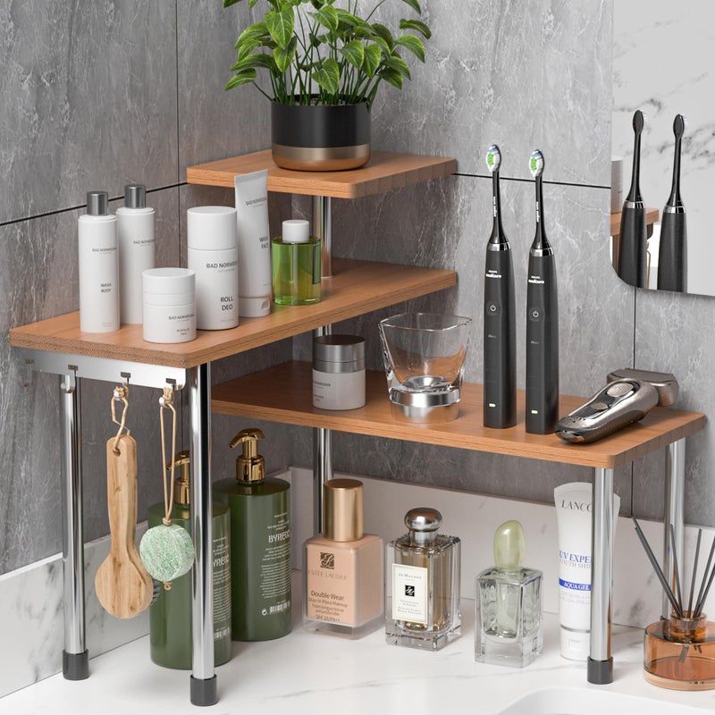 ZHWS Bathroom Counter Organizer Corner Countertop Shelf Adjustable 3 Tier Corner Shelf Kitchen Counter Organizer with 4 Metal Hooks for Bathroom Counter, Makeups, Dresser Table, Over Sink - Image 1