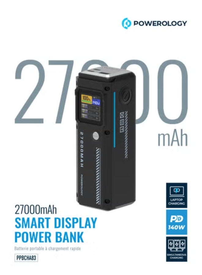 باورولوجي باور بانك بسعة 27000 مللي أمبير، باور بانك مع عرض ذكي للطاقة، تقنية PPS، شحن سريع PD 140W، متوافق مع اللابتوب وجالكسي وiPhone، شحن 3 أجهزة في نفس الوقت، 2x USB-C و 1x USB-A منافذ. - Image 1