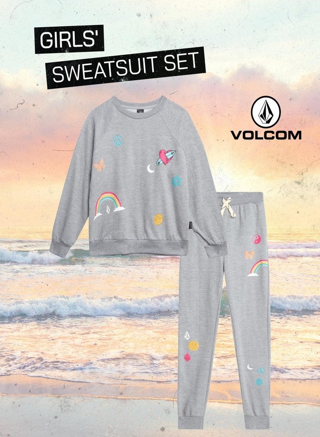 Volcom Girls' Sweatsuit Set - 2 Piece French Terry Pullover Crewneck Sweatshirt and Jogger Sweatpants Set for Girls (7-12), Grey Heather, 10 - Image 2
