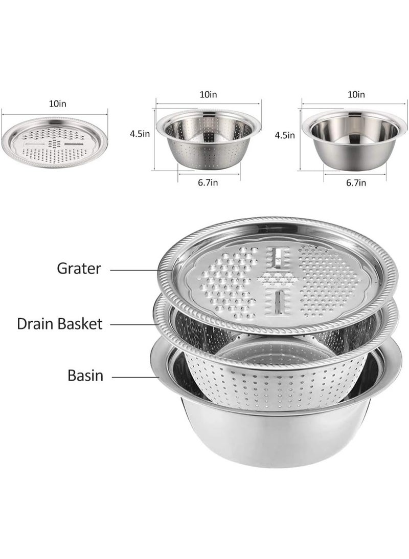 3-Piece Stainless Steel Bowl Set with Strainer & Multi-Function Grater Lid - Image 3