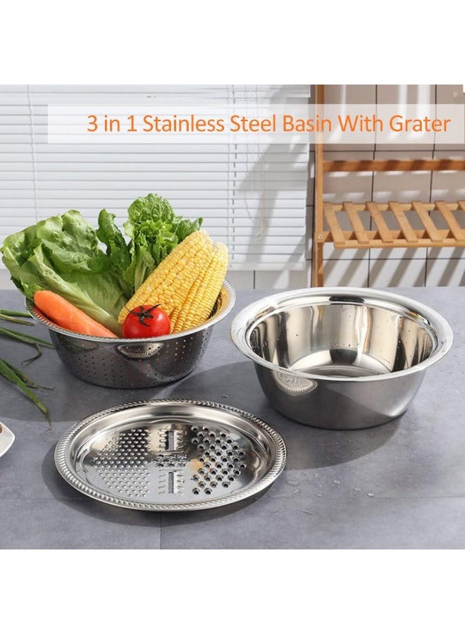 3-Piece Stainless Steel Bowl Set with Strainer & Multi-Function Grater Lid - Image 5