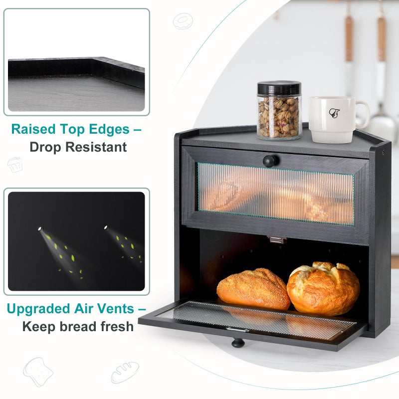 Sunhoo Bread Box for Kitchen Countertop Corner Large Wooden Bread Bin 2 Tier Rustic Food Storage Container with Acrylic Window Farmhouse Keeper Shelf Organizer for Loaves Pastries & Snacks (Black) - Image 2