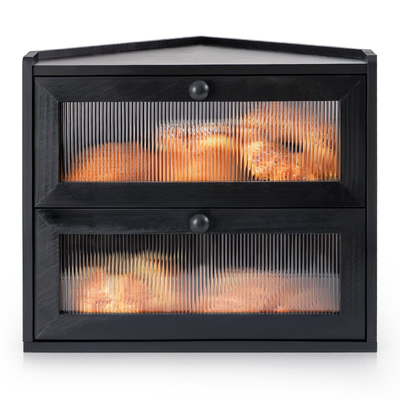 Sunhoo Bread Box for Kitchen Countertop Corner Large Wooden Bread Bin 2 Tier Rustic Food Storage Container with Acrylic Window Farmhouse Keeper Shelf Organizer for Loaves Pastries & Snacks (Black) - Image 1