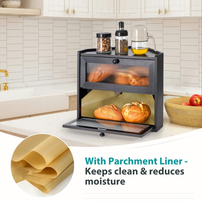 Sunhoo Bread Box for Kitchen Countertop Corner Large Wooden Bread Bin 2 Tier Rustic Food Storage Container with Acrylic Window Farmhouse Keeper Shelf Organizer for Loaves Pastries & Snacks (Black) - Image 3