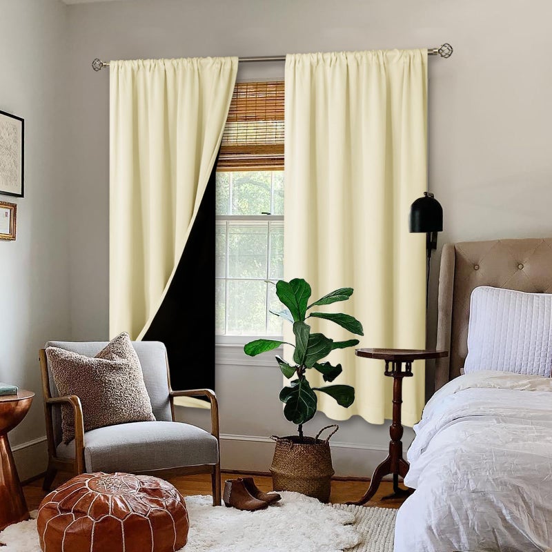 BGment 100% Blackout Curtains for Bedroom with Black Liner  Double Layer Thermal Insulated Full Room Darkening Noise Canceling Rod Pocket Bedroom Curtain (42 x 63 Inch  Cream  2 Panels) - Image 2