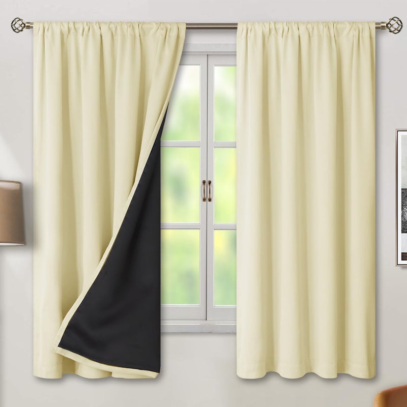BGment 100% Blackout Curtains for Bedroom with Black Liner  Double Layer Thermal Insulated Full Room Darkening Noise Canceling Rod Pocket Bedroom Curtain (42 x 63 Inch  Cream  2 Panels) - Image 1