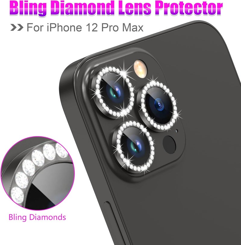 AGVEE 3+3 6 Pack for iPhone 12 Pro Max 6.7" Camera Lens Protector, Bling Diamond & Bling Glitter Metal Ring 9H Tempered HD Glass Camera Cover Film, Bling-Black - Image 4