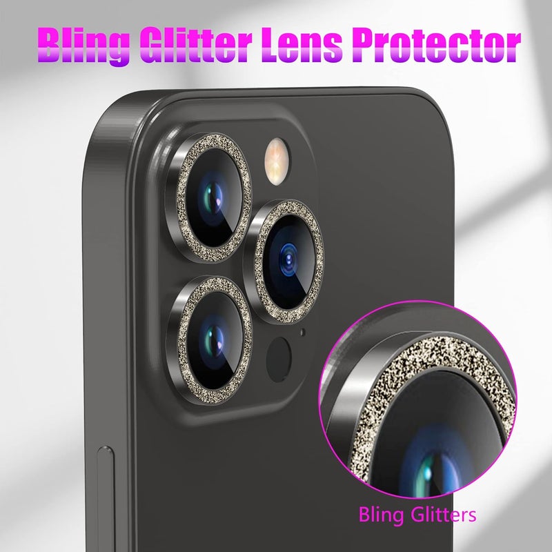 AGVEE 3+3 6 Pack for iPhone 12 Pro Max 6.7" Camera Lens Protector, Bling Diamond & Bling Glitter Metal Ring 9H Tempered HD Glass Camera Cover Film, Bling-Black - Image 5