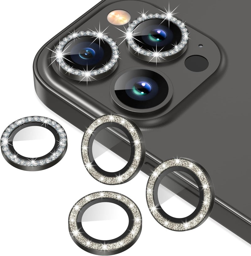 AGVEE 3+3 6 Pack for iPhone 12 Pro Max 6.7" Camera Lens Protector, Bling Diamond & Bling Glitter Metal Ring 9H Tempered HD Glass Camera Cover Film, Bling-Black - Image 1