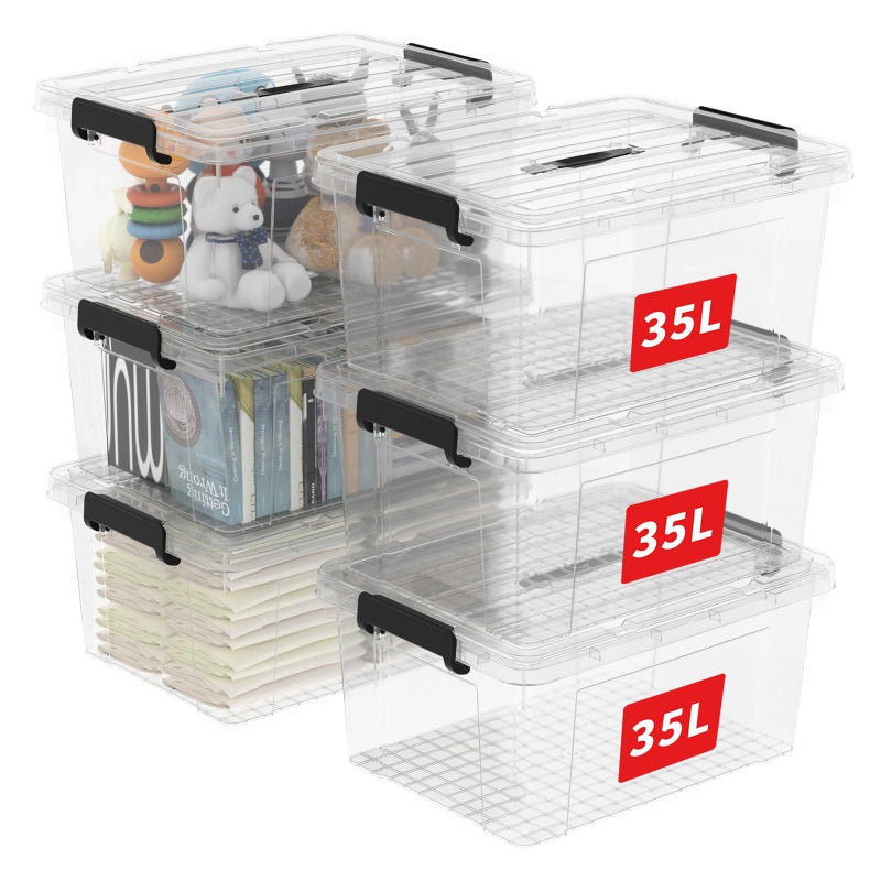 Cetomo 35L6 Storage Boxes Carry Plastic Storage Box with Lids Organizing Container with Handle and Secure Latching Buckles Stackable Nestable Tote Bin for Home Office Clothes 35L6Pack Clear
