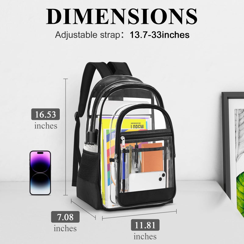KIMNERPU Clear Backpack, Heavy Duty PVC Transparent Backpack with Reinforced Straps, See Through Multiple Pockets Large Capacity Bookbag for Concert Work Security Travel Festival (Black) - Image 2