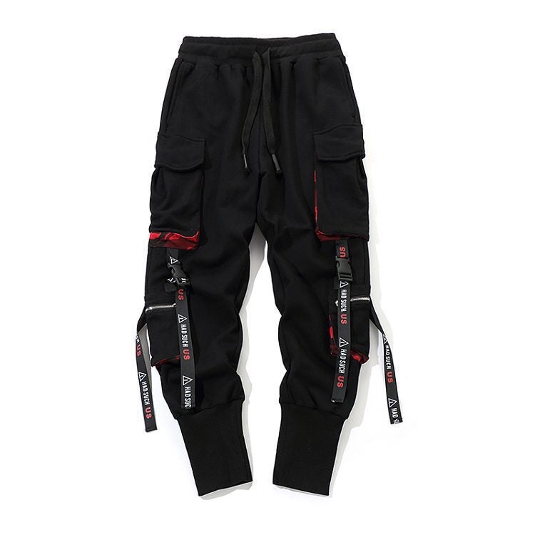 Foreign Trade Work Pants Trendy Brand Harlan Foot Ribbon Pants Mens Korean-style Hip-hop Distinctive Loose All-match Street Trend XK15 Black  - Image 1