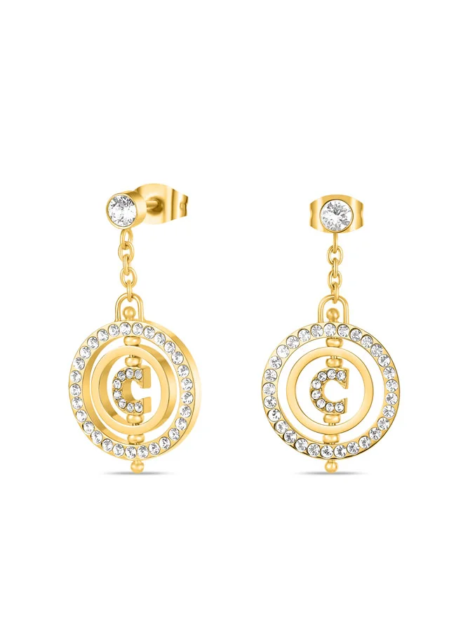 شيروتي 1881 Supreme Earrings, Gold-Plated Drop with Crystal-Embellished Signature C Logo, Elegant and Harmonious Design for Women