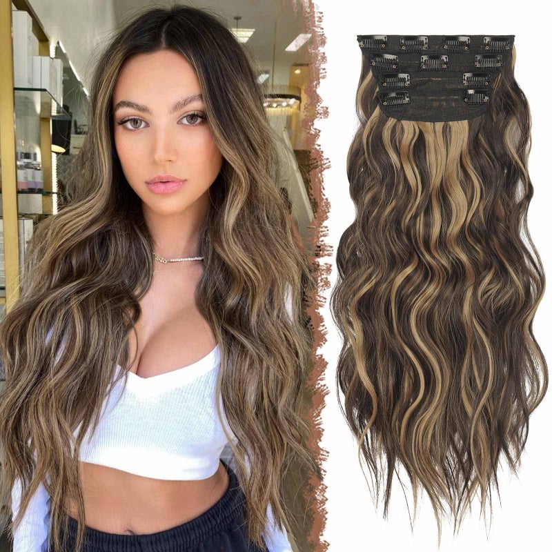 FESHFEN Clip in Hair Extensions 4 PCS Long Wavy Clip in Hairpieces Full Head Synthetic Hair Extension for Women 20 Inch Brown Highlighteded Caramel Blonde