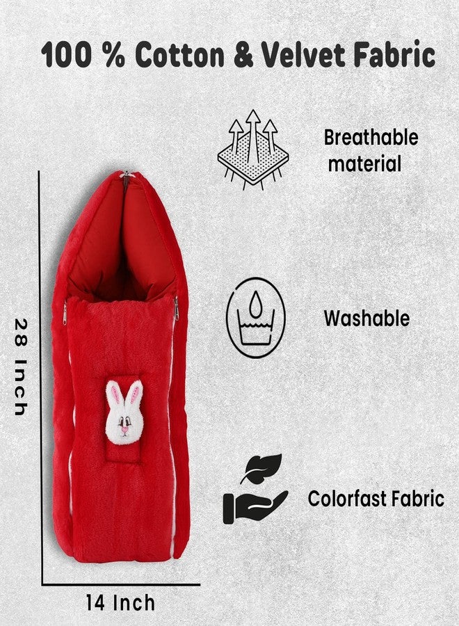 فوي دروب كيس نوم للأطفال من فوي دروب، ناعم ومخملي، عش حمل للأطفال حديثي الولادة مع غطاء رأس وسحاب، غطاء دافئ للأطفال الرضع لفصل الشتاء، والسفر، وعربة الأطفال، والاستخدام المنزلي، تصميم أرنب، مريح للأولاد والبنات (أحمر) - Image 4