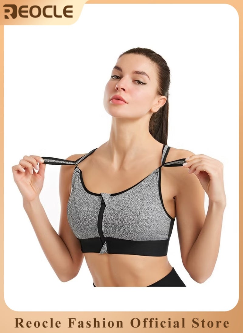 REOCLE - Women's Sports Bra Criss-Cross Back Padded Strappy Sports Bras Shockproof Wire-free Underwear Adjustable Front Zip Bra for Workout & Running - Image 1