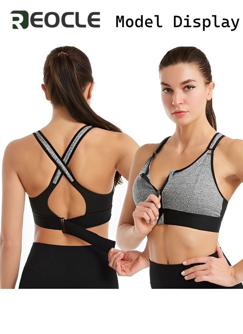 REOCLE - Women's Sports Bra Criss-Cross Back Padded Strappy Sports Bras Shockproof Wire-free Underwear Adjustable Front Zip Bra for Workout & Running - Image 1