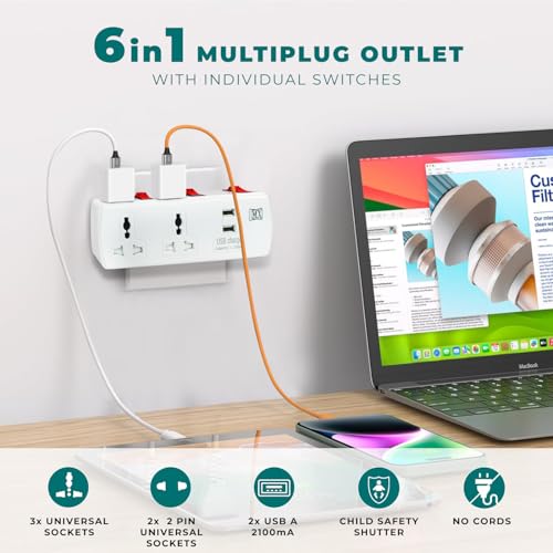 MX Cordless Extension Board with USB & Type-C Ports – Multi Plug Socket with 2-Pin/3-Pin Outlets and Individual Switches for Home, Office & Workspaces - Image 2
