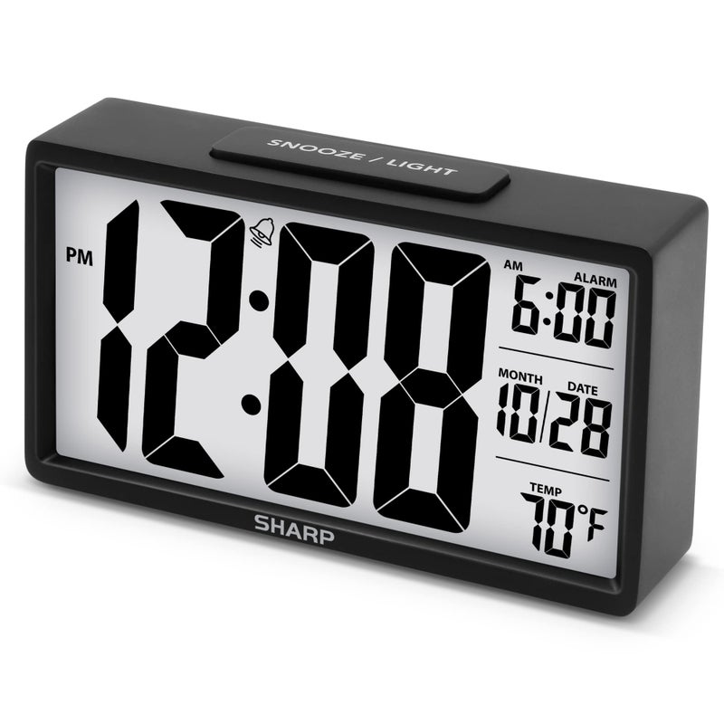 Sharp Alarm Clock with Easy to Read 28 Jumbo Screen with Indoor Temperature Nightlight Calendar Battery Operated Digital Clock for Bedrooms or Travel Black