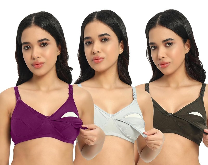 BRIELLE Women's Cotton Feeding Bra/Maternity/Nursing Bra Non-Padded Wire-Free Maternity Bra for (Pack of 3) - Image 1