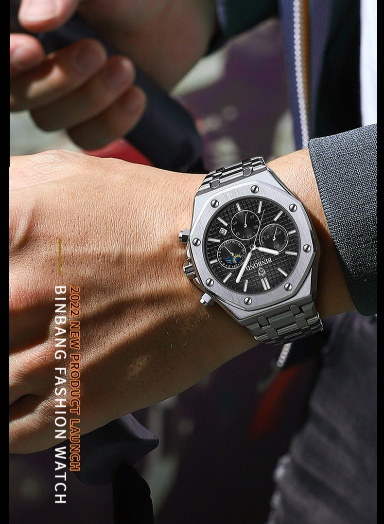 بينبوند ساعة BINBOND B0161 للرجال من أفضل العلامات التجارية ساعة كاجوال فاخرة مضيئة من الفولاذ المقاوم للصدأ مقاومة للماء للرجال مع تاريخ وتقويم - Image 5