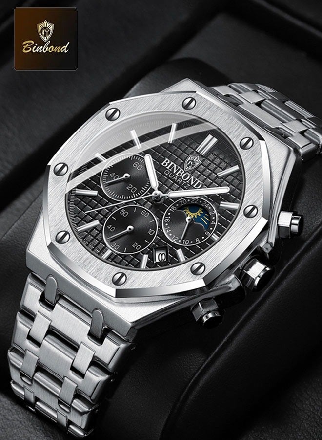 بينبوند ساعة BINBOND B0161 للرجال من أفضل العلامات التجارية ساعة كاجوال فاخرة مضيئة من الفولاذ المقاوم للصدأ مقاومة للماء للرجال مع تاريخ وتقويم - Image 1