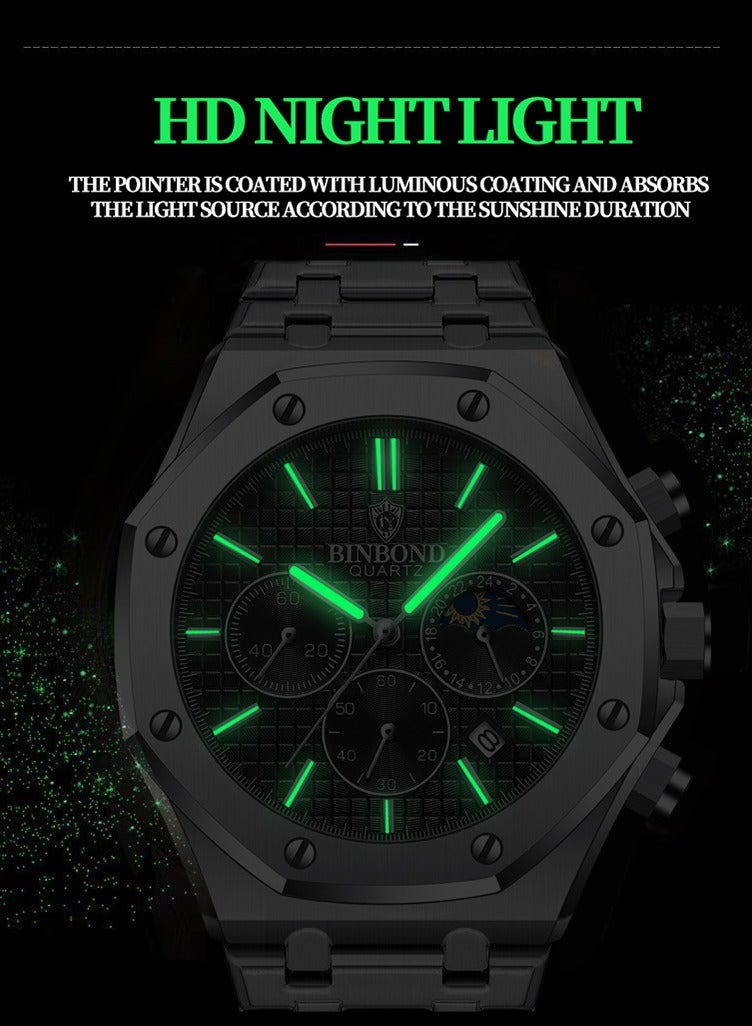 بينبوند ساعة BINBOND B0161 للرجال من أفضل العلامات التجارية ساعة كاجوال فاخرة مضيئة من الفولاذ المقاوم للصدأ مقاومة للماء للرجال مع تاريخ وتقويم - Image 4