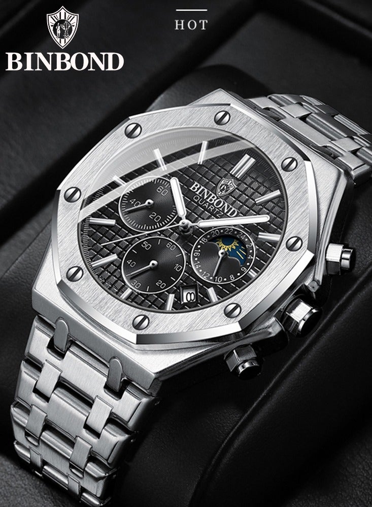 بينبوند ساعة BINBOND B0161 للرجال من أفضل العلامات التجارية ساعة كاجوال فاخرة مضيئة من الفولاذ المقاوم للصدأ مقاومة للماء للرجال مع تاريخ وتقويم - Image 3