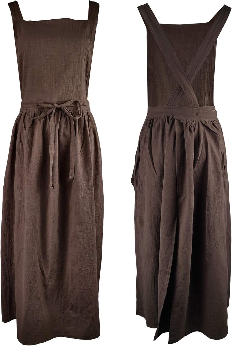 losofar Pleated Cotton Long Apron X Back Kitchen Garden Florist Work Clothes Bib Dress - Image 1