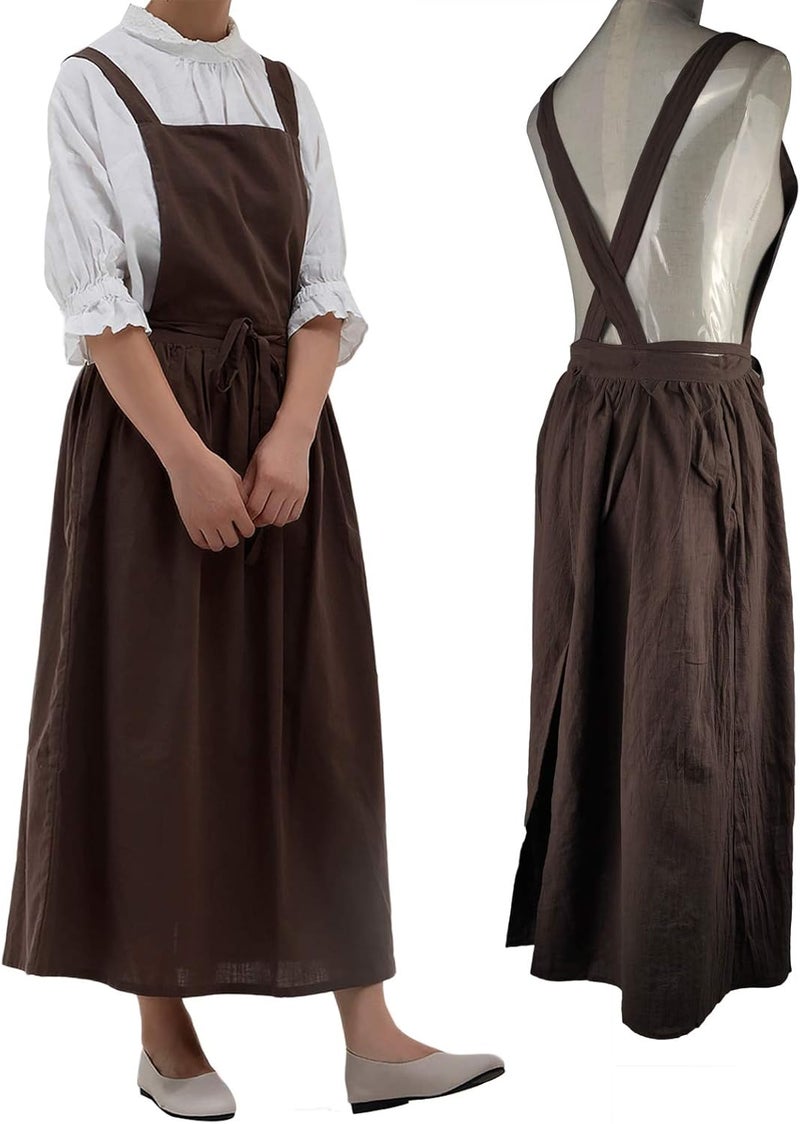 losofar Pleated Cotton Long Apron X Back Kitchen Garden Florist Work Clothes Bib Dress - Image 4