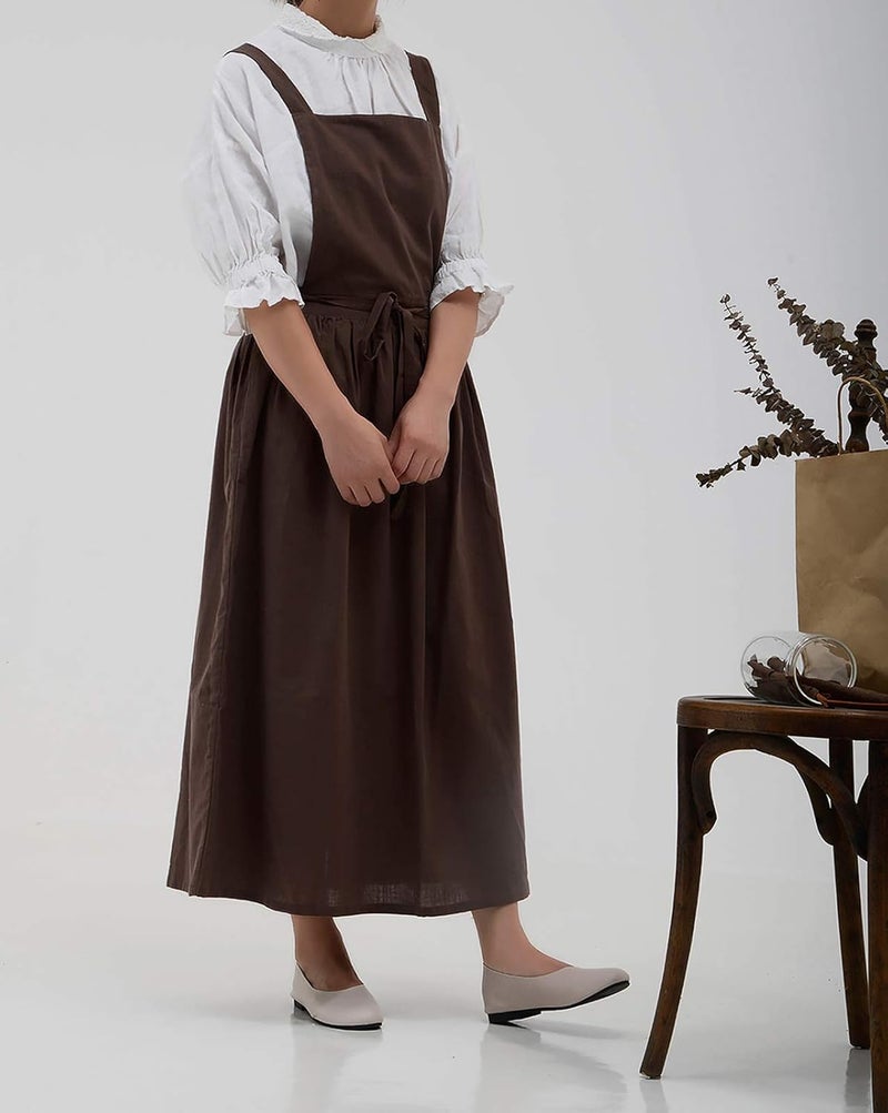 losofar Pleated Cotton Long Apron X Back Kitchen Garden Florist Work Clothes Bib Dress - Image 5