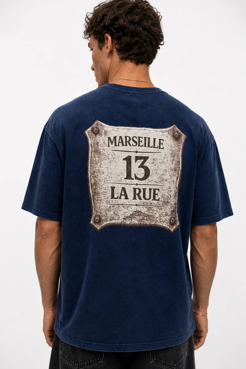 Respire Men's Marseille Print Washed Oversize T-Shirt Navy Blue