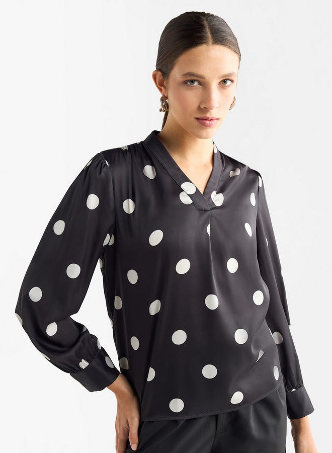 سبلاش فيڤ بلوزة بياقة على شكل حرف  وأكمام طويلة بطبعات منقطة شاملة - Image 1