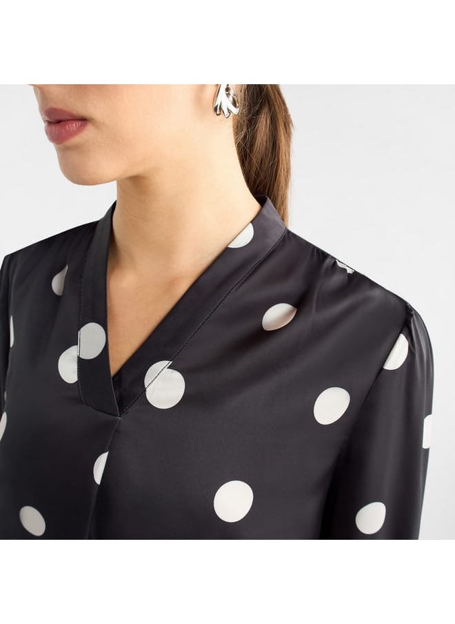 FAV All-Over Polka Dot Print V-neck Top with Long Sleeves  - Image 4