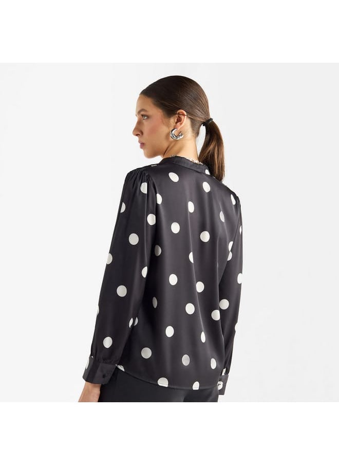 FAV All-Over Polka Dot Print V-neck Top with Long Sleeves  - Image 3