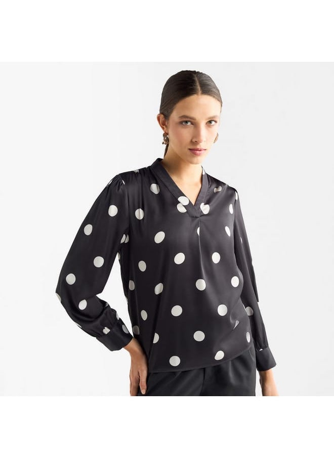 FAV All-Over Polka Dot Print V-neck Top with Long Sleeves  - Image 1