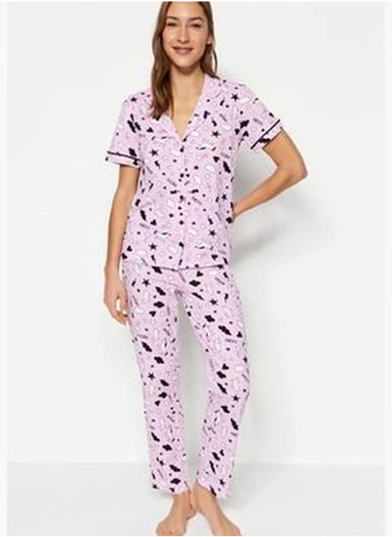 trendyol Light Pink Pile Graphic Printed Cotton Shirt-Pants Knitted Pajamas Set THMSS19IP0037